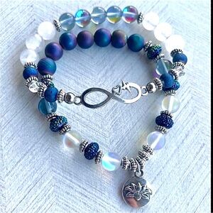 Herkimer diamonds quartz, Opalite, and druzzy spacers bracelet set